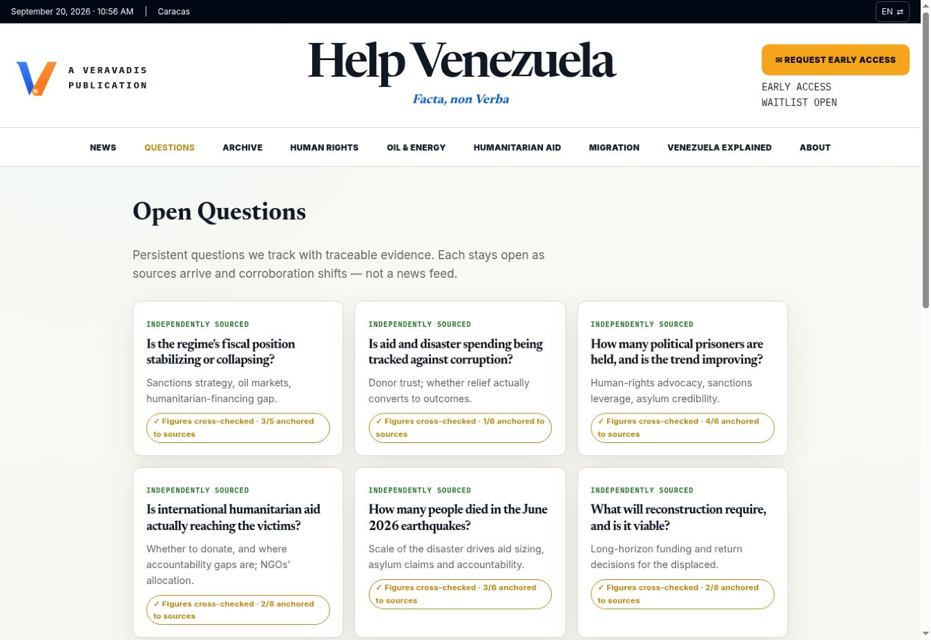 Capture of the HelpVenezuela Open Questions page, taken September 20, 2026